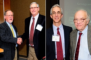 Photo on left: John Beasley, MD (left) congratulates James Damos, MD. Photo on right: Paul Hunter, MD, (left) and Marc Hansen, MD.