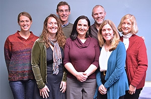 The Whole Health team, from left: Cristalyne Bell; Christine Milovani, MSW, LCSW; David Rakel, MD; Julie Martinelli; Adam Rindfleisch, MPhil, MD; Marité Barham, MPH, CAEH; Char Luchterhand, MSSW