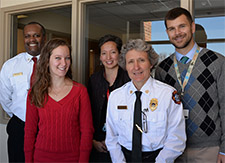 Partners in the CARE project, from left: MFD Division Chief Johnny Winston, Jr.; Dryden Terrace Apartments Service Coordinator Kelsey Eyers; DFMCH faculty Jennifer Edgoose, MD, MPH; MFD Assistant Division Chief Laura Laurenzi, MFD; DFMCH resident Christopher Danford, MD.