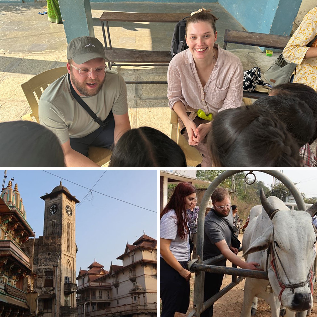 A photo collage showing Alec Anderson in India. He is seen talking with kids at a rural clinic and petting a cow on the street. 